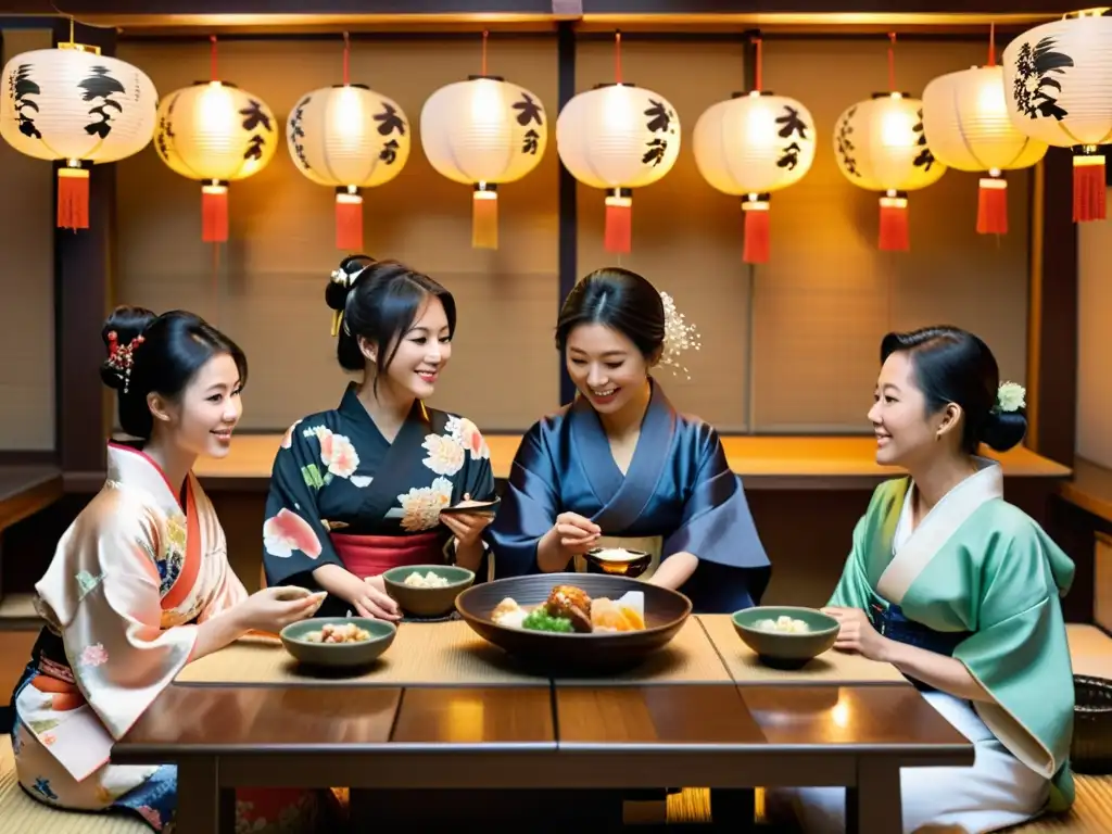 Un grupo de personas disfruta de un animado Bonenkai en un acogedor izakaya japonés, vistiendo elegantes kimono y yukata, compartiendo comida y bebida