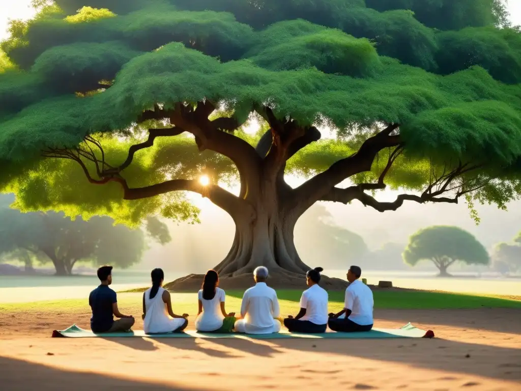 Un grupo de personas medita bajo un árbol Bodhi al atardecer, transmitiendo paz y serenidad