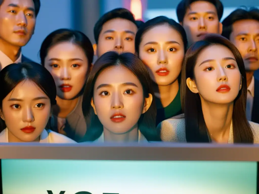 Grupo de personas observando con atención una serie coreana, reflejando emociones de alegría, tristeza y anticipación