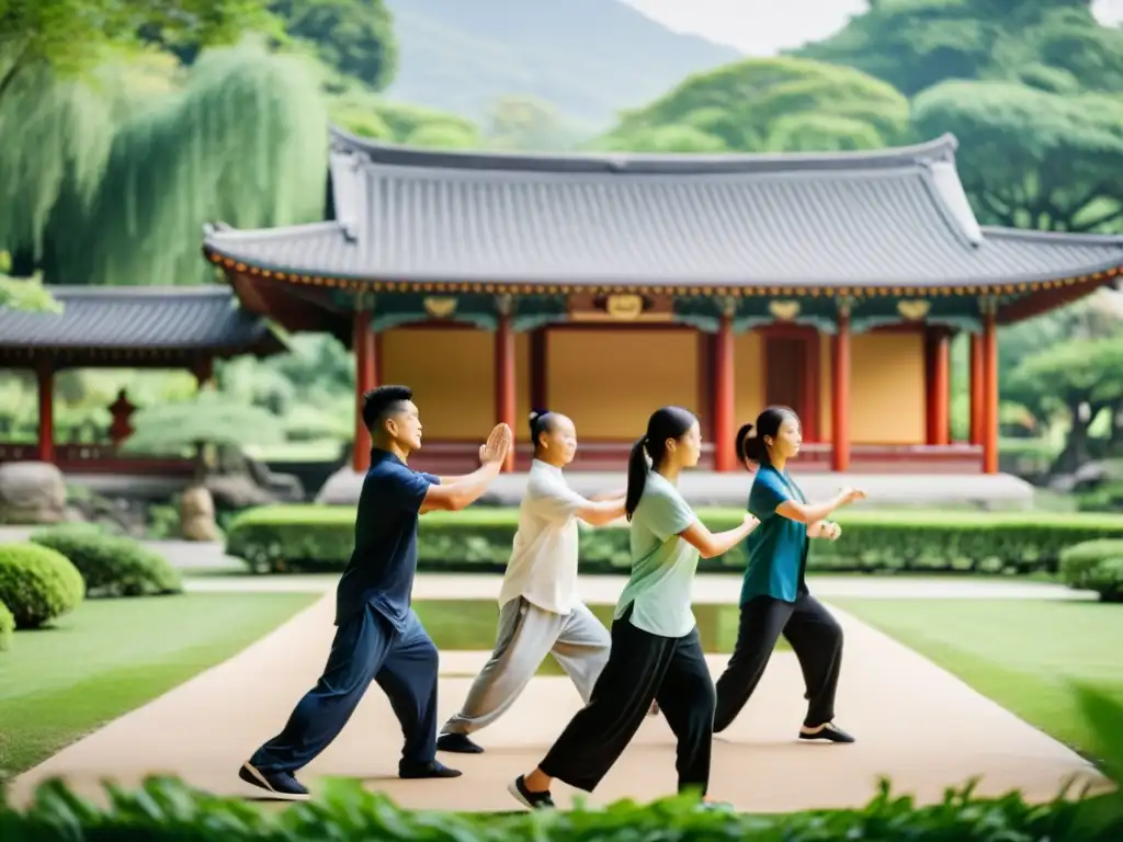 Un grupo de personas practicando Tai Chi en un jardín exuberante, con pulseras de actividad con influencia asiática