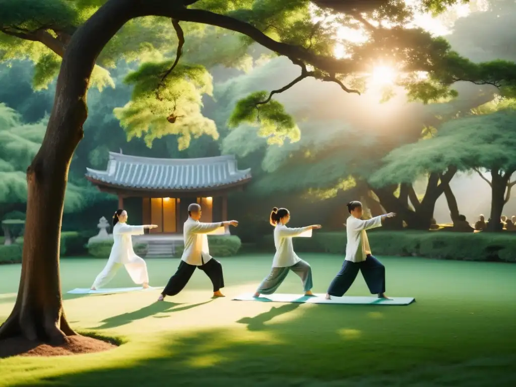 Un grupo de personas practicando Tai Chi en un sereno jardín, con movimientos fluidos y precisos al amanecer