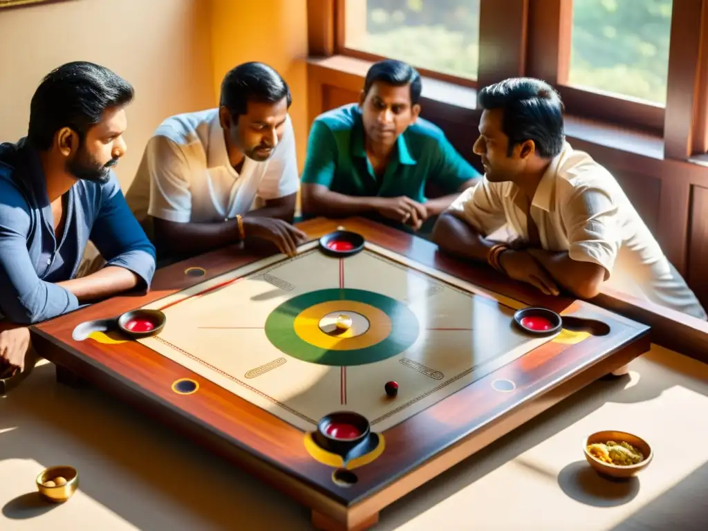 Un grupo de personas concentradas juega carrom bajo la cálida luz del sol