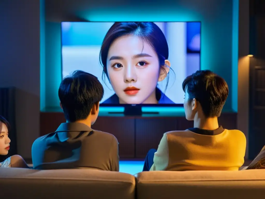 Un grupo de personas se concentra emocionado viendo una serie coreana en una habitación oscura, iluminados por la pantalla