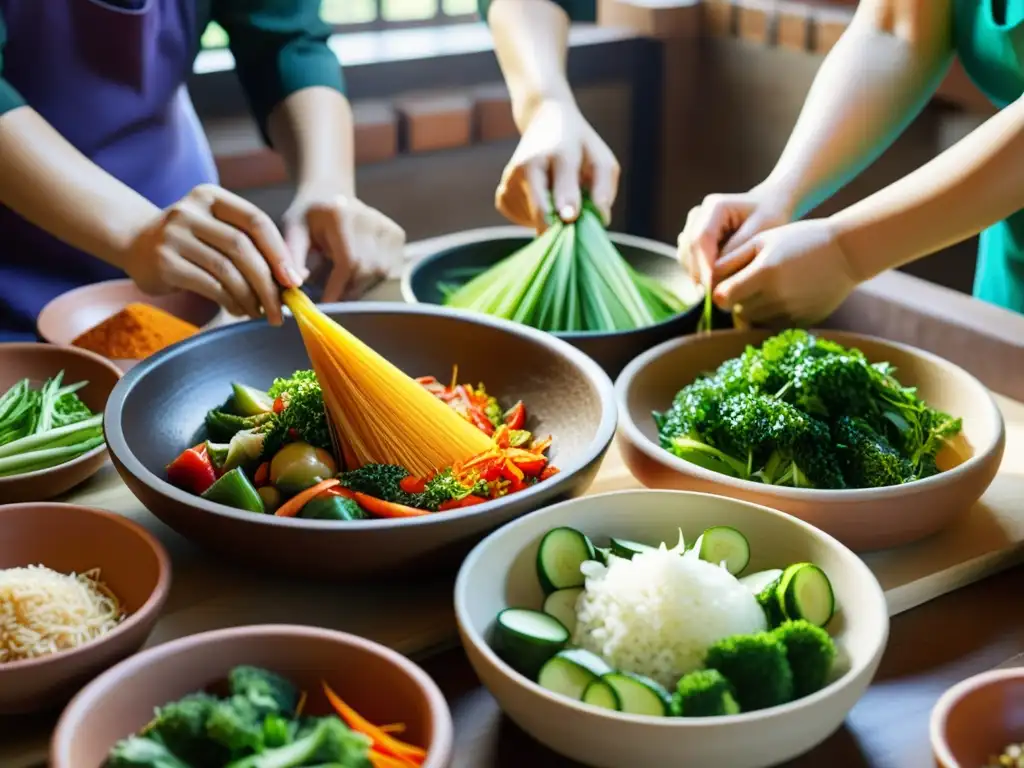 Un grupo de personas prepara y empaca vegetales vibrantes en grandes ollas de barro, creando la mejor versión del Kimchi