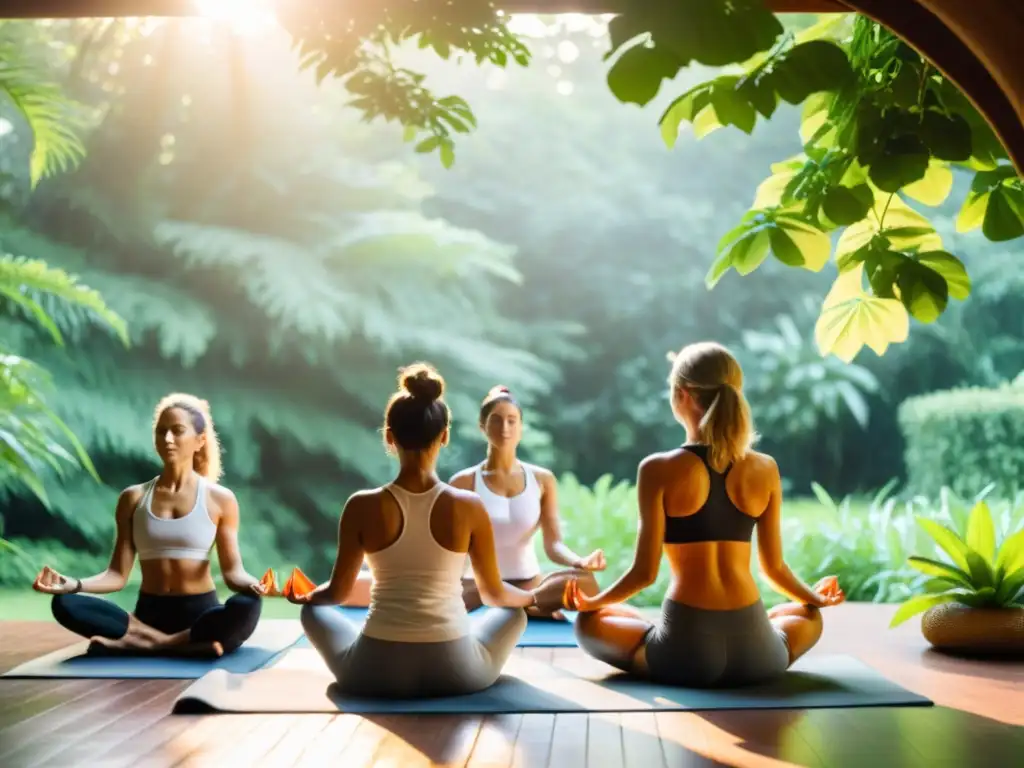 Un grupo de personas practica yoga en un entorno natural y tranquilo, rodeado de exuberante vegetación y bañado por una suave luz dorada