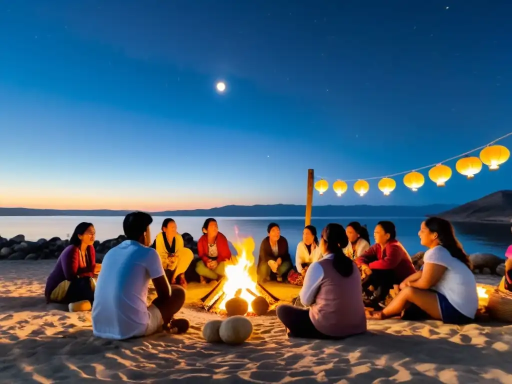 Un grupo de personas disfruta del Festival de la Luna, reuniéndose alrededor de una fogata para asar malvaviscos bajo la luz de la luna llena