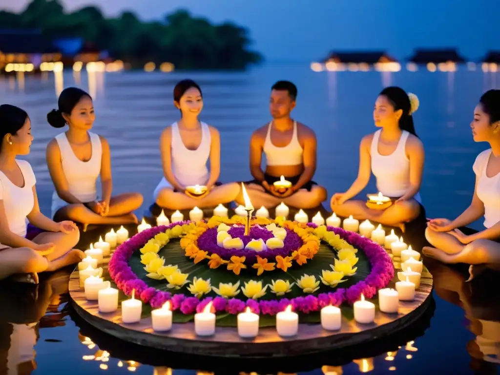 Un grupo de personas medita en el Festival de Loy Krathong, rodeadas de velas y flores, creando una atmósfera de paz y serenidad