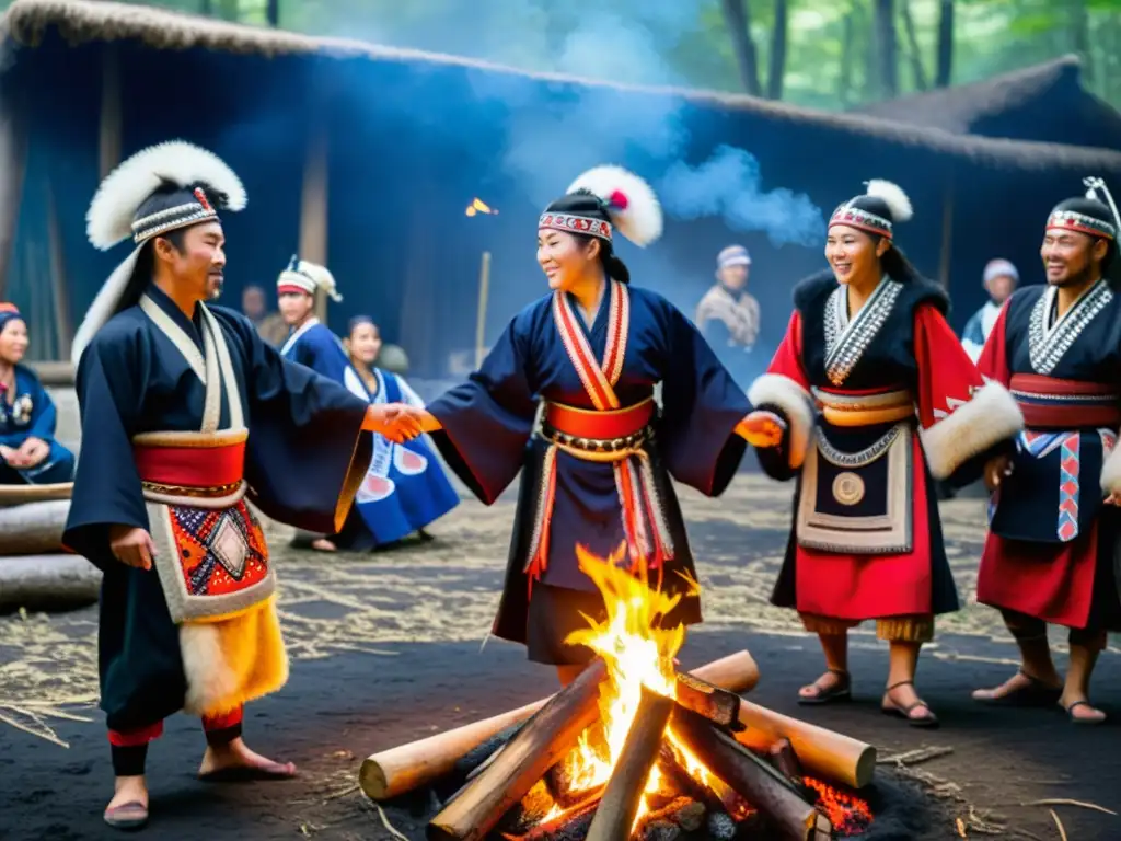 Un grupo de personas Ainu bailan alrededor de una fogata, vistiendo atuendos tradicionales con símbolos y plumas vibrantes