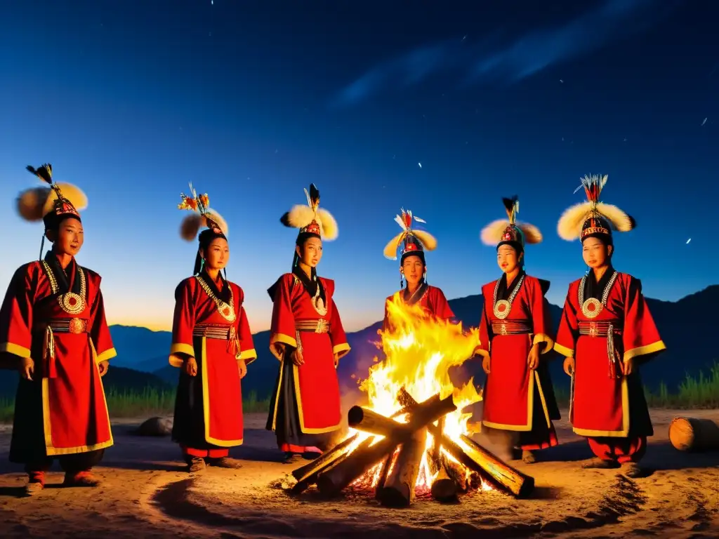 Grupo de personas Yi danzando alrededor de una fogata, en vibrantes trajes tradicionales