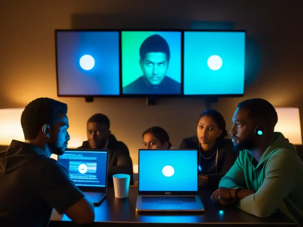 Un grupo de personas en una habitación oscura, rodeados de laptops y discos duros, viendo series y películas de anime