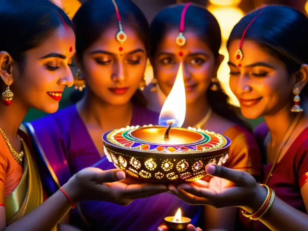 Un grupo de personas se reúne alrededor de un hermoso diya durante Diwali