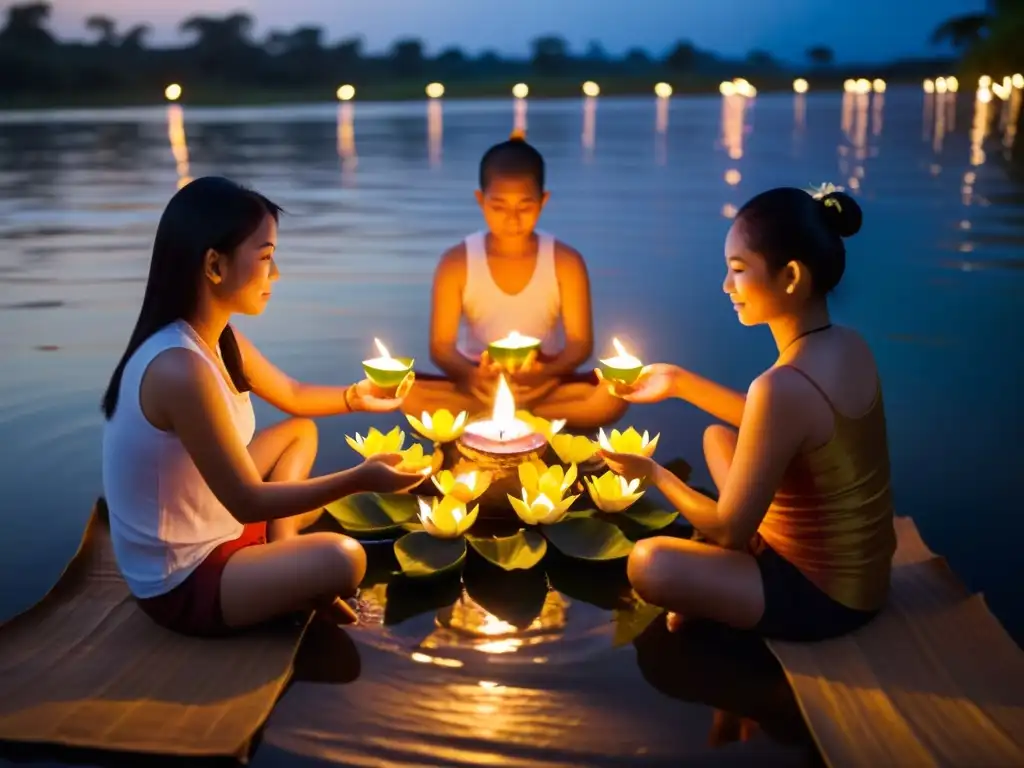 Un grupo de personas medita junto al río en el Festival de Loy Krathong, lanzando krathongs iluminados por velas