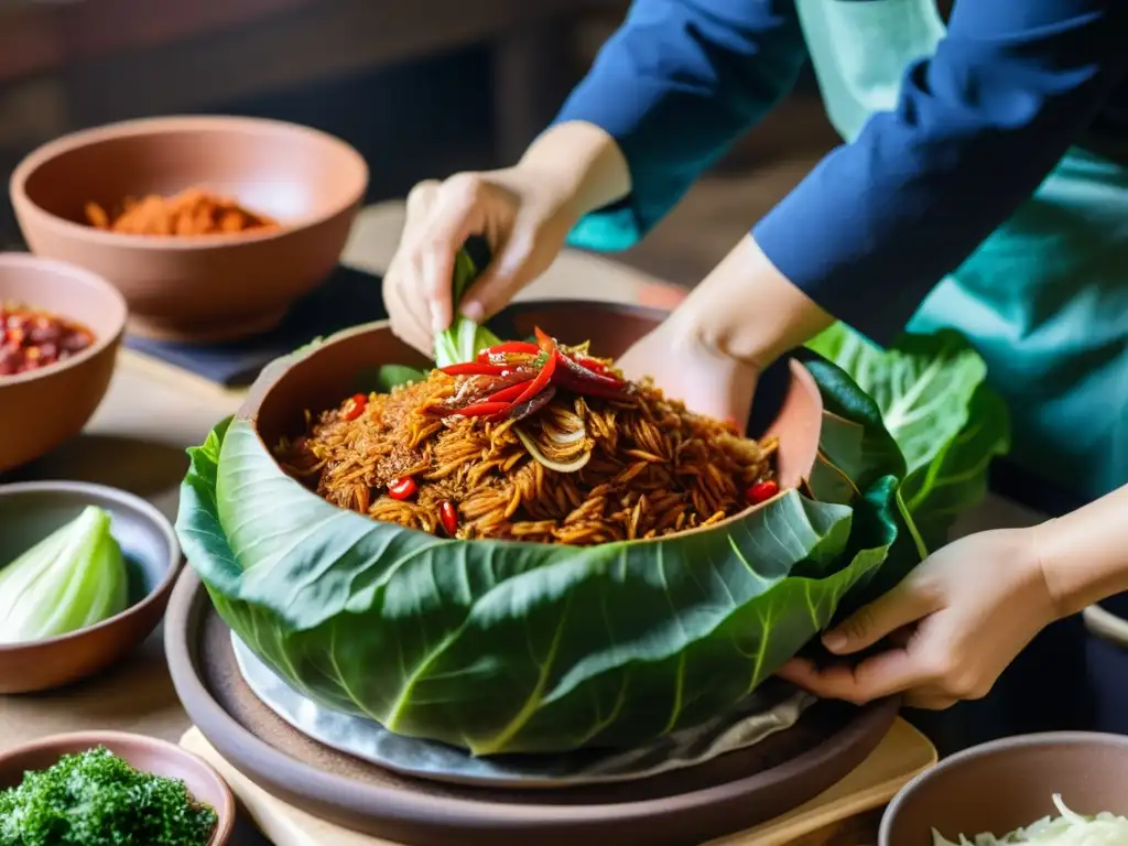 Un grupo de personas prepara detalladamente kimchi coreano en grandes ollas de barro, mostrando el proceso tradicional