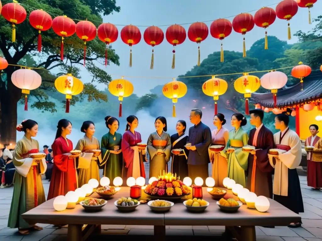 Un grupo de personas celebra las Leyendas milenarias del MidAutumn Festival en un jardín iluminado por linternas, con ofrendas en una mesa de piedra