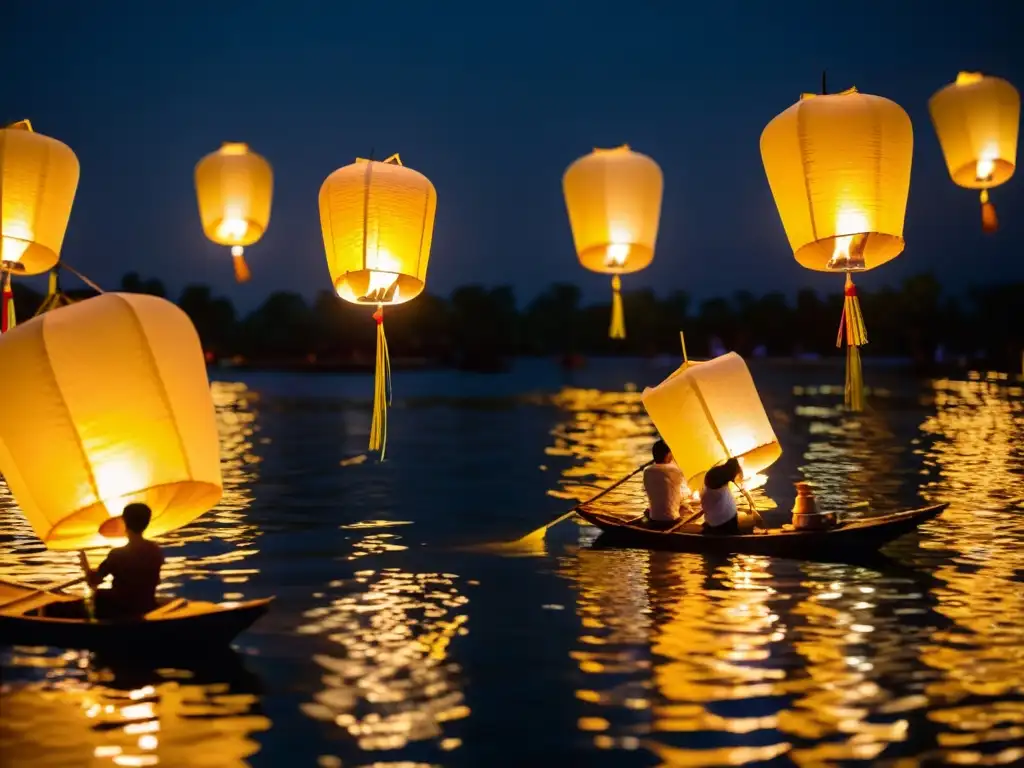 Grupo de personas iluminando linternas flotantes en el festival tailandés Loi Krathong, creando una atmósfera mágica y llena de misterios