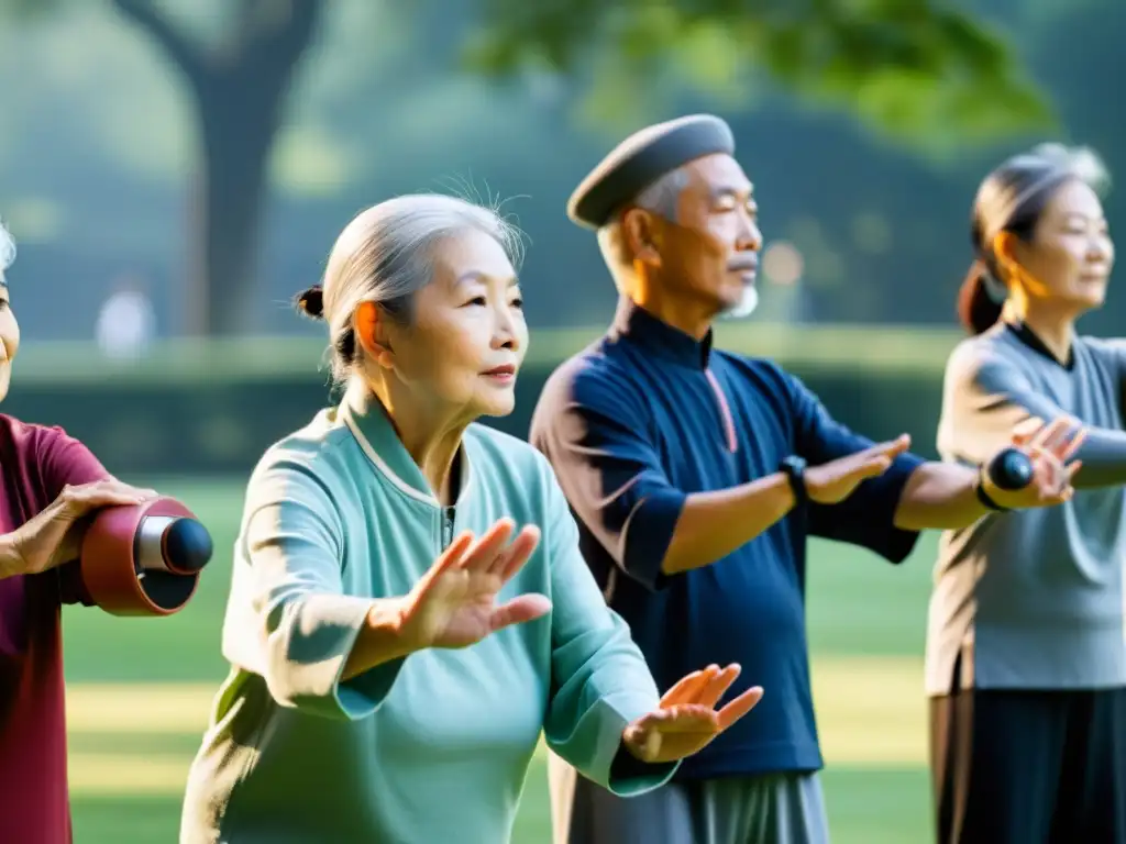 Un grupo de personas mayores asiáticas disfrutando de Tai Chi matutino en un parque, con gadgets portátiles para monitorización de la salud discretamente integrados en su ropa tradicional