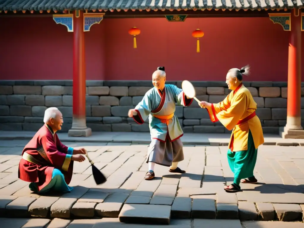 Un grupo de personas mayores juega Jianzi en un patio antiguo, con ropa tradicional asiática