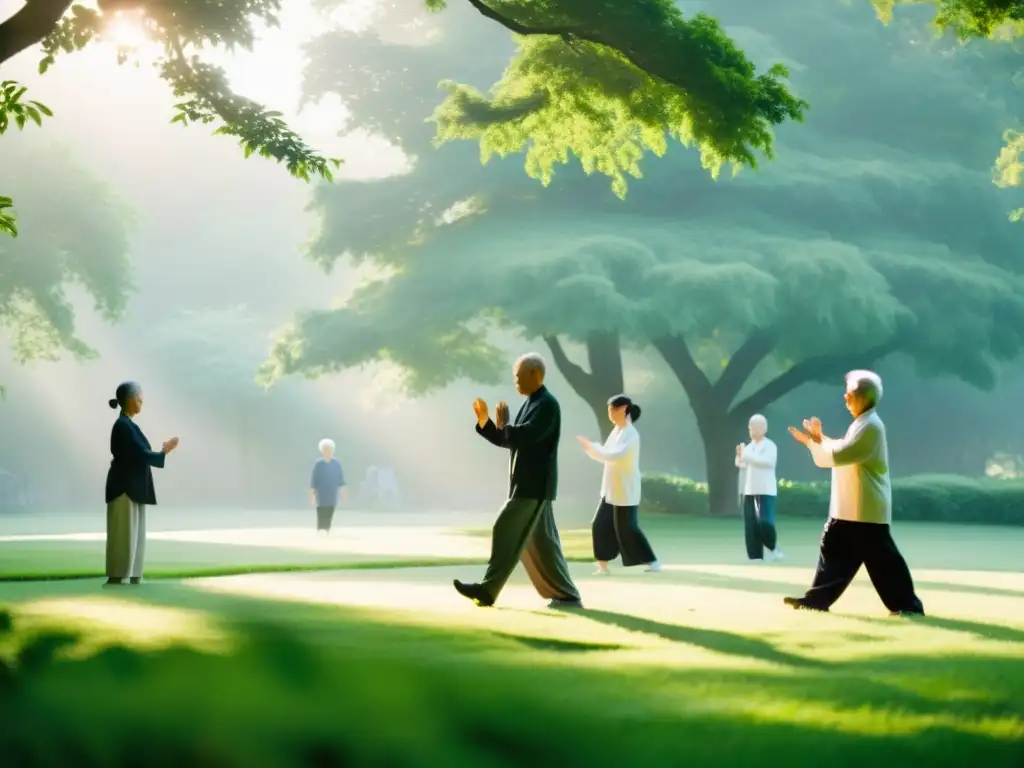 Grupo de personas mayores disfrutando del Tai Chi en un parque sereno al amanecer, conectando con la naturaleza