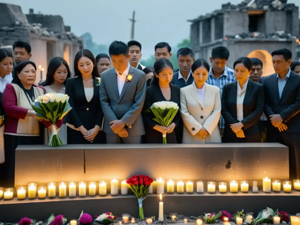 Grupo de personas en un memorial improvisado en una ciudad asiática devastada por la guerra, reflejando la resiliencia y el dolor