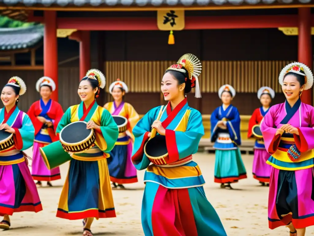 Un grupo de personas Ryukyu participa en una danza tradicional, vistiendo trajes vibrantes y detallados