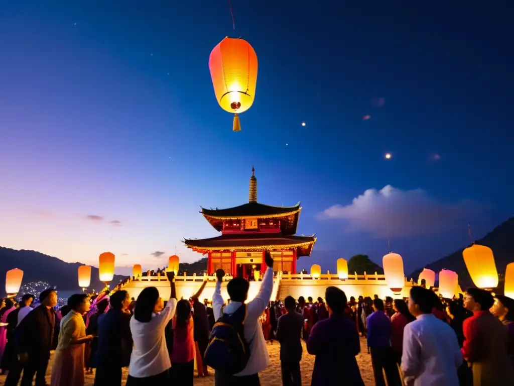 Un grupo de personas suelta linternas de colores brillantes en el cielo nocturno, junto a la silueta de un templo tradicional