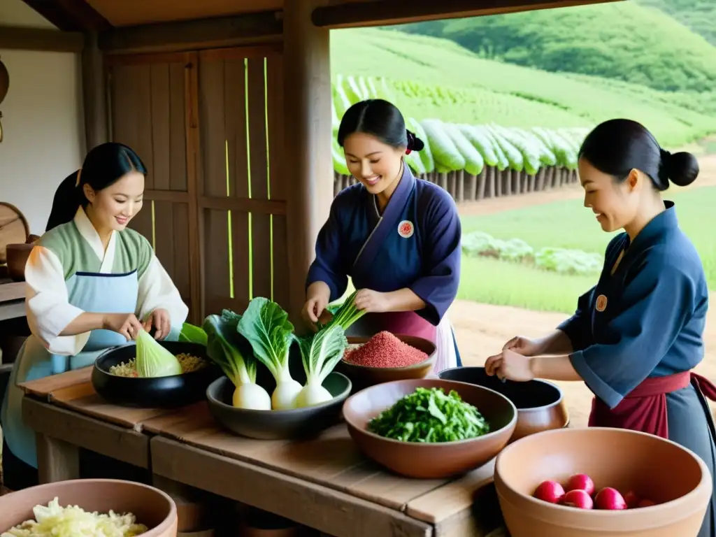 Un grupo de personas vistiendo trajes tradicionales preparan kimchi en un entorno rural con barriles y ollas de fermentación