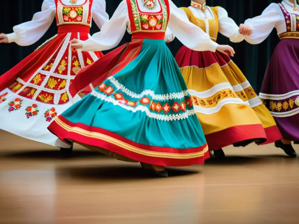 Grupo de personas bailando en trajes tradicionales rusos, transmitiendo la energía dinámica y la precisión del baile folclórico ruso