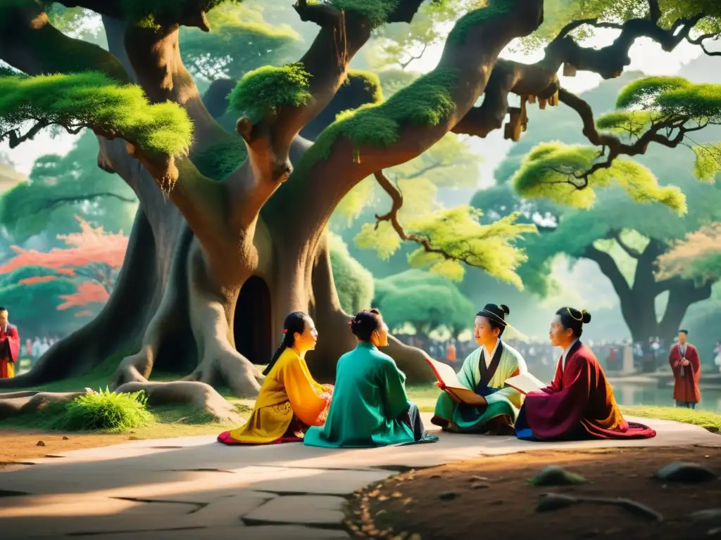 Grupo de poetas chinos recitando tradición oral poesía asiática bajo un antiguo árbol, en un escenario lleno de color y significado cultural