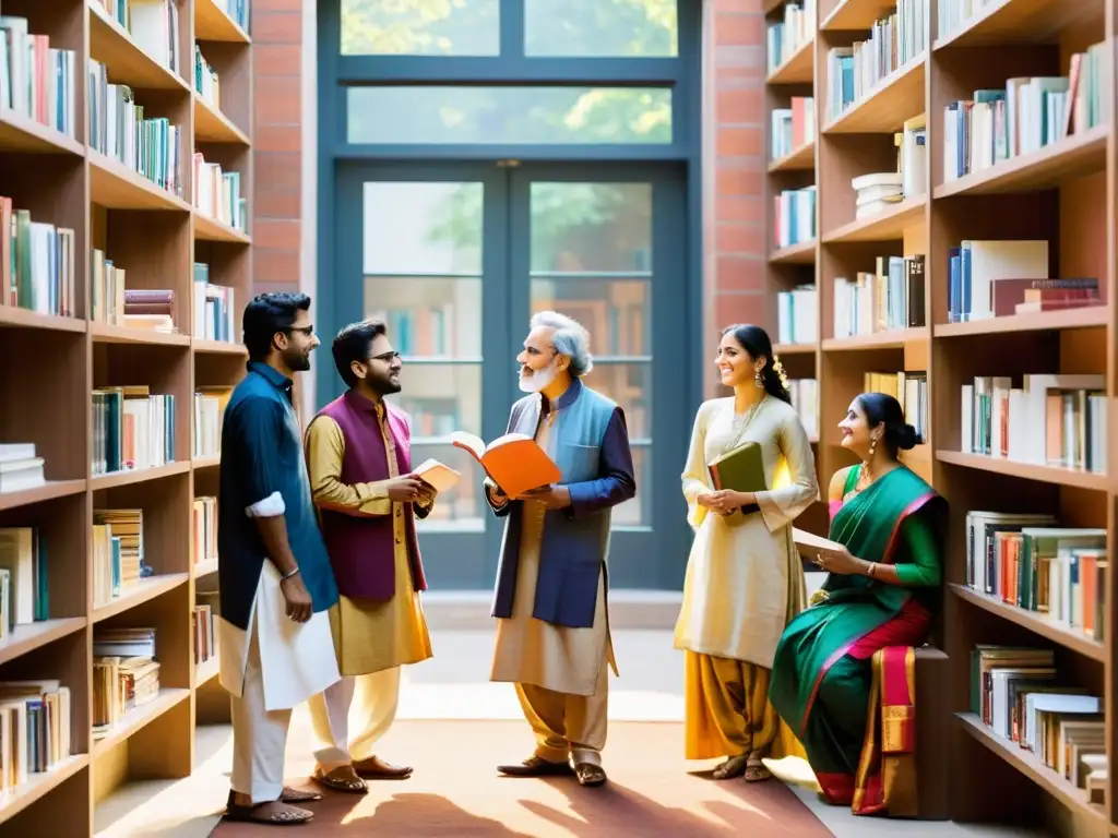 Grupo de poetas contemporáneos de la India discuten apasionadamente en un patio soleado rodeados de libros, expresando la vitalidad de la poesía india