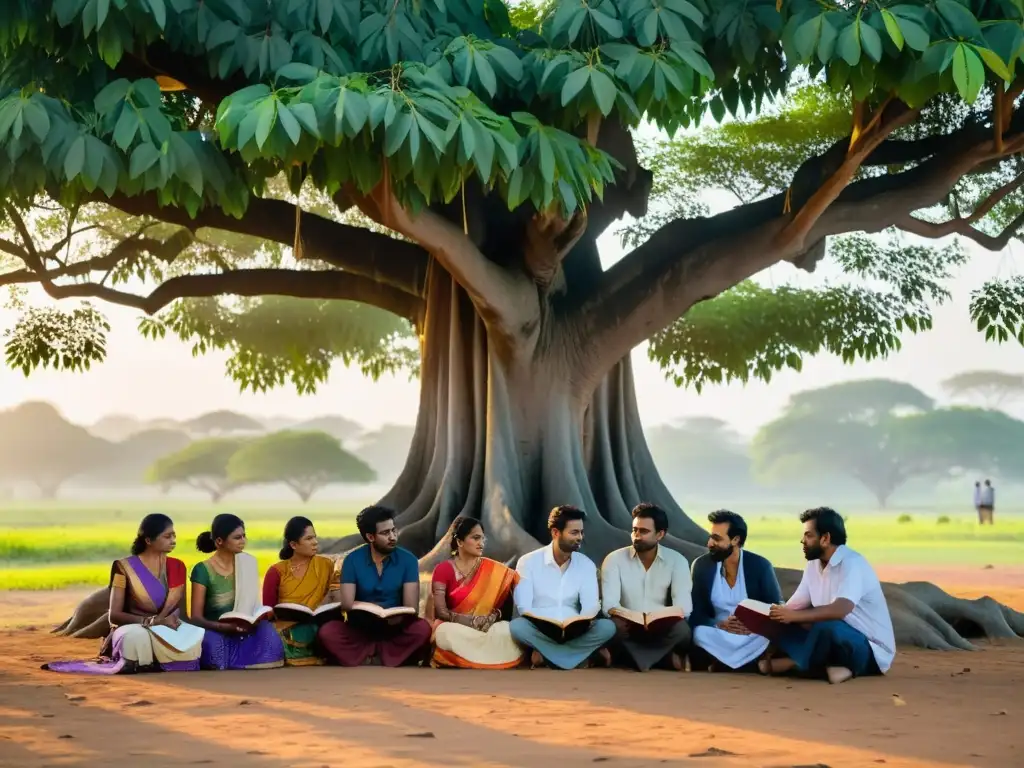 Grupo de poetas contemporáneos indios se reúnen bajo un árbol banyan al atardecer, expresiones de concentración y contemplación