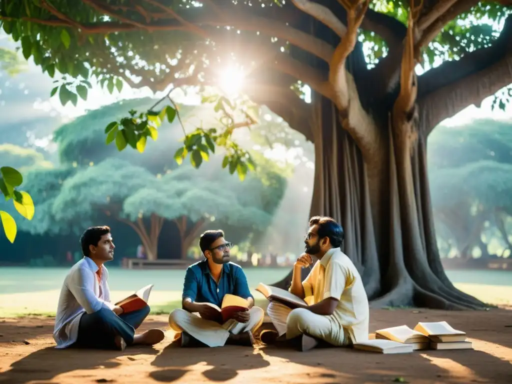 Grupo de poetas indios debatiendo bajo un árbol banyan, reflejando la pasión de los movimientos literarios India siglo XX