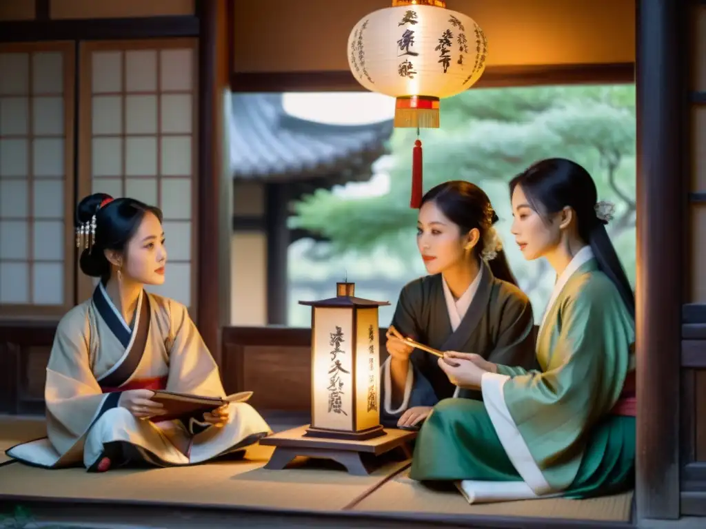 Poetas asiáticas en casa de té: belleza y poesía en 8k Un grupo de poetisas asiáticas en un teahouse, vestidas con hanfu, discuten poesía