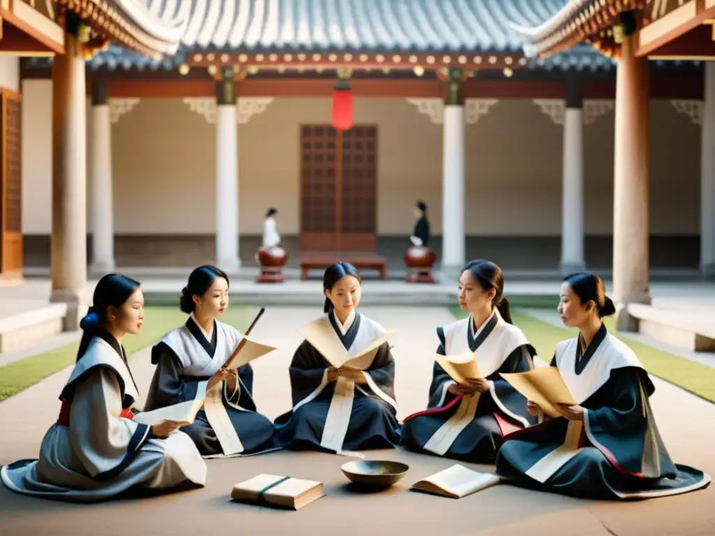 Mujeres asiáticas componiendo poesía en un patio tradicional Grupo de poetisas olvidadas de Asia componiendo poesía en un patio tradicional, vistiendo elegantes prendas tradicionales