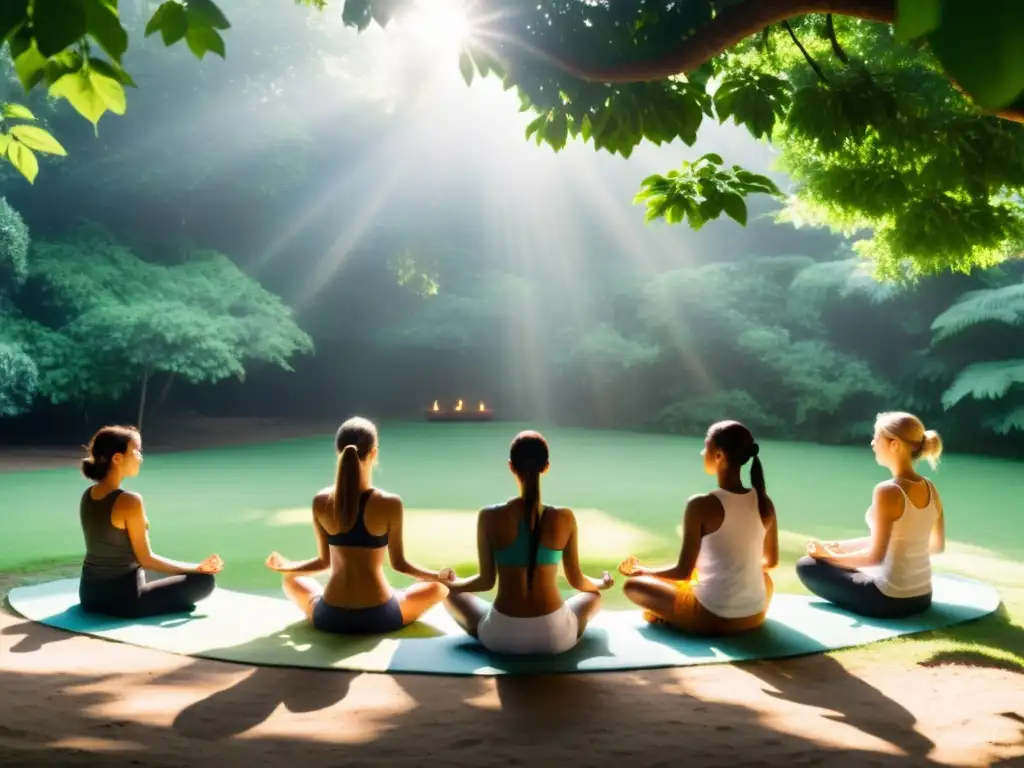 Grupo en práctica de yoga realizando Pranayama en un entorno natural sereno, evocando paz y concentración