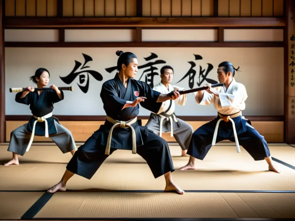 Un grupo de practicantes de Aikijujutsu ejecutando técnicas samurái con disciplina y precisión en un dojo japonés tradicional