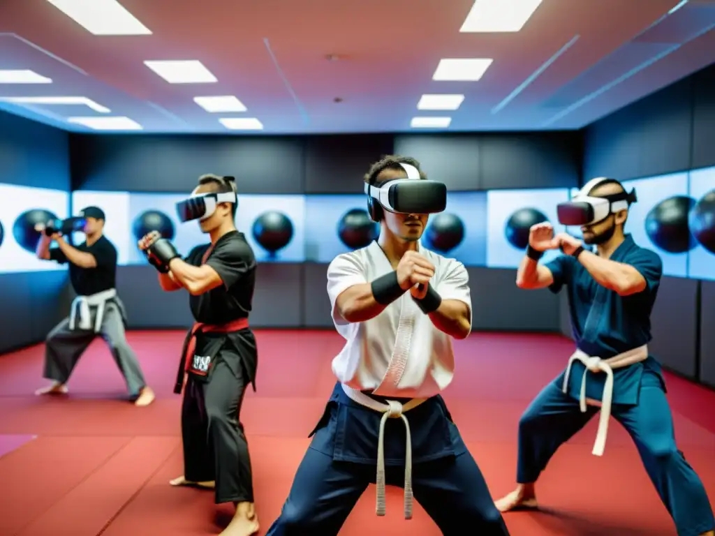 Un grupo de practicantes de artes marciales en realidad virtual entrenando con precisión y enfoque en un dojo virtual bien iluminado