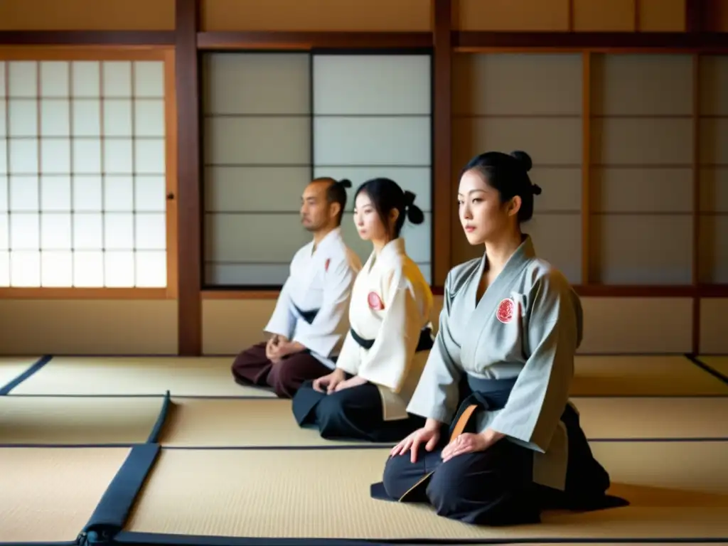 Un grupo de practicantes de artes marciales japonesas en un dojo sereno, con luz natural filtrándose a través de las pantallas shoji