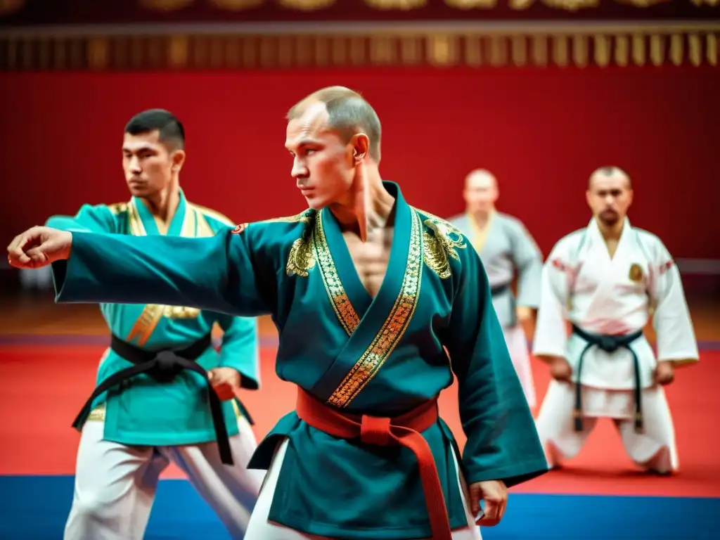 Grupo de practicantes de artes marciales rusas, concentrados en su entrenamiento, reflejando la filosofía del sistema ruso en el cuerpo