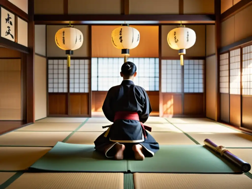 Grupo de practicantes de artes marciales en un dojo japonés tradicional, demostrando técnicas antiguas de samuráis