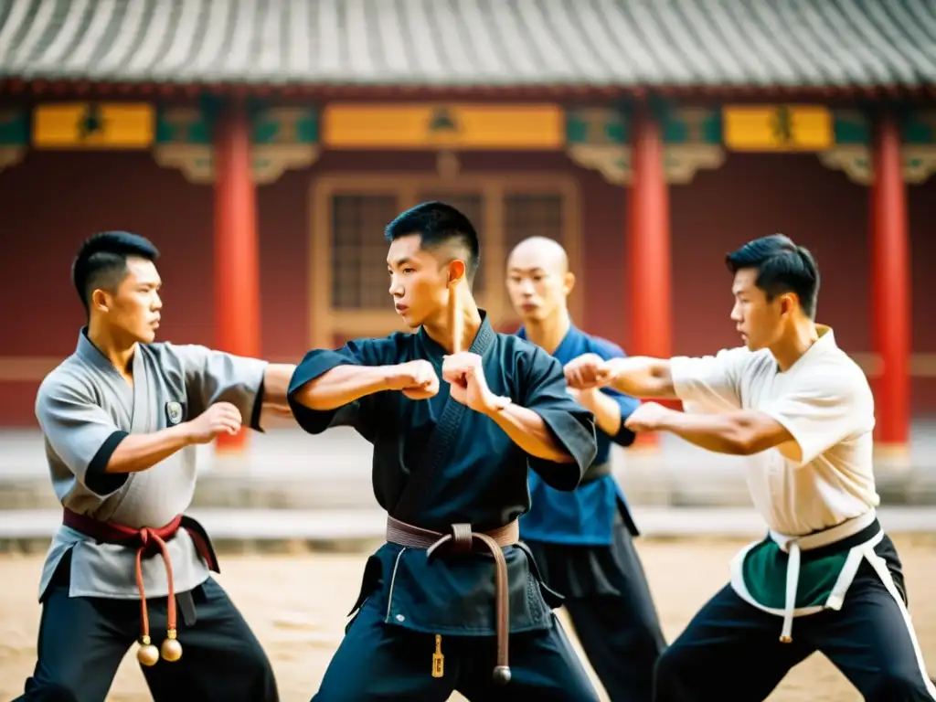 Grupo de practicantes de artes marciales en una histórica escuela china, demostrando Técnicas ancestrales de Wing Chun con precisión y disciplina