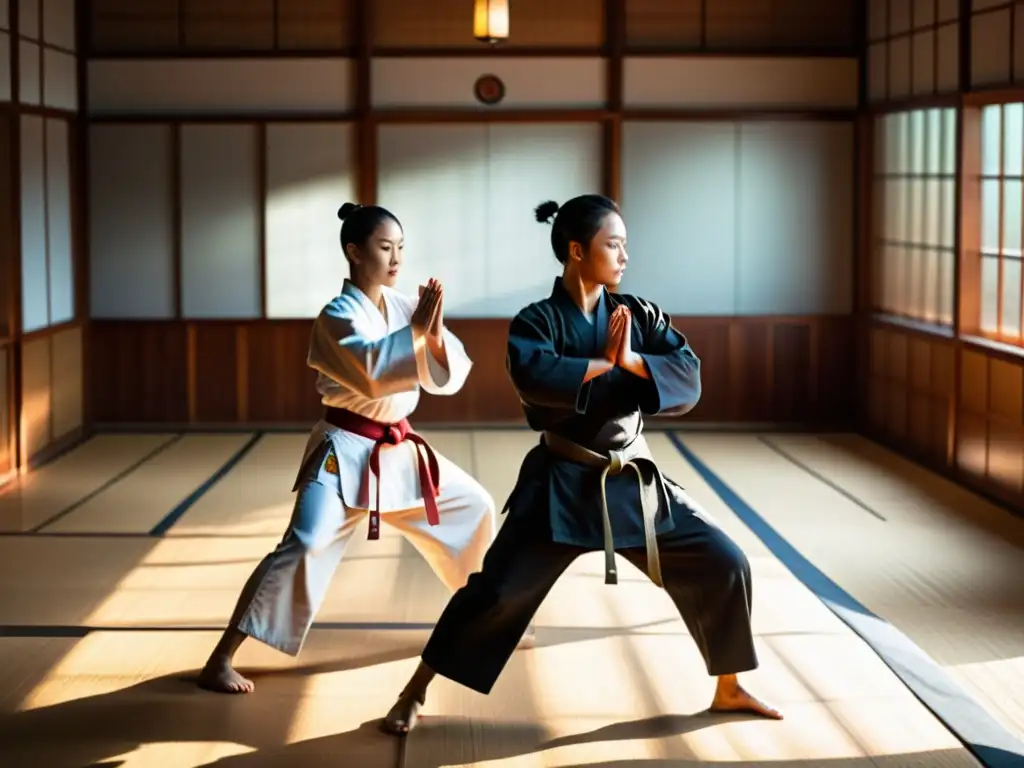 Grupo de practicantes de artes marciales en un dojo tradicional, demostrando técnicas con precisión en un ambiente de tradición y disciplina