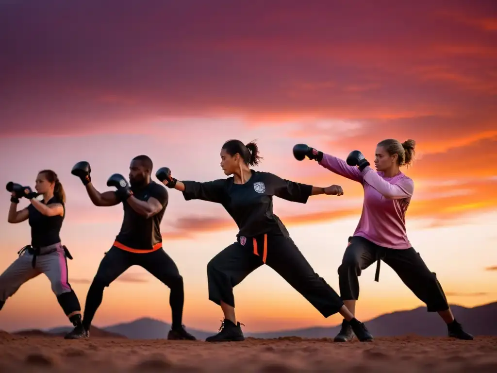 Un grupo de practicantes de Krav Magá entrena al atardecer, con siluetas nítidas contra el cielo anaranjado