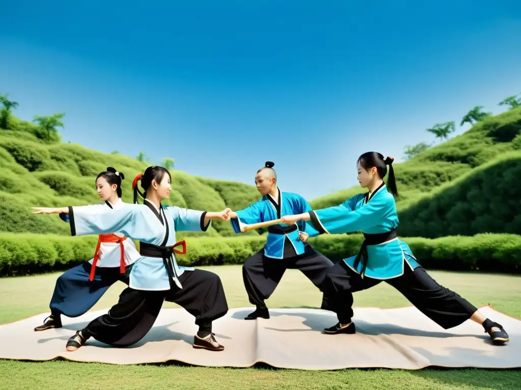 Un grupo de practicantes de wushu, ataviados con trajes tradicionales, realiza una rutina dinámica y sincronizada en un escenario al aire libre