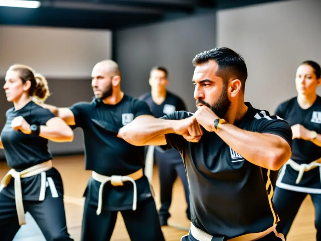 Grupo de practicantes de Krav Magá en atuendo tradicional, demostrando técnicas defensivas con intensa concentración y determinación