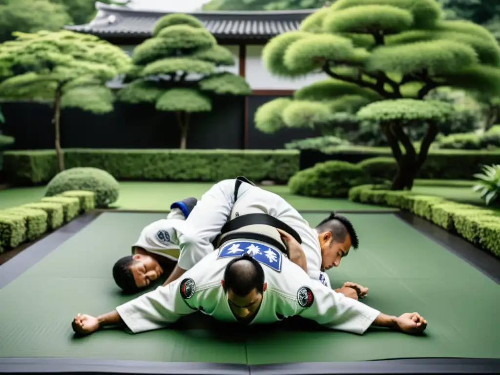 Un grupo de practicantes de Jiu Jitsu Brasileño en intensa sesión de sparring en un jardín japonés