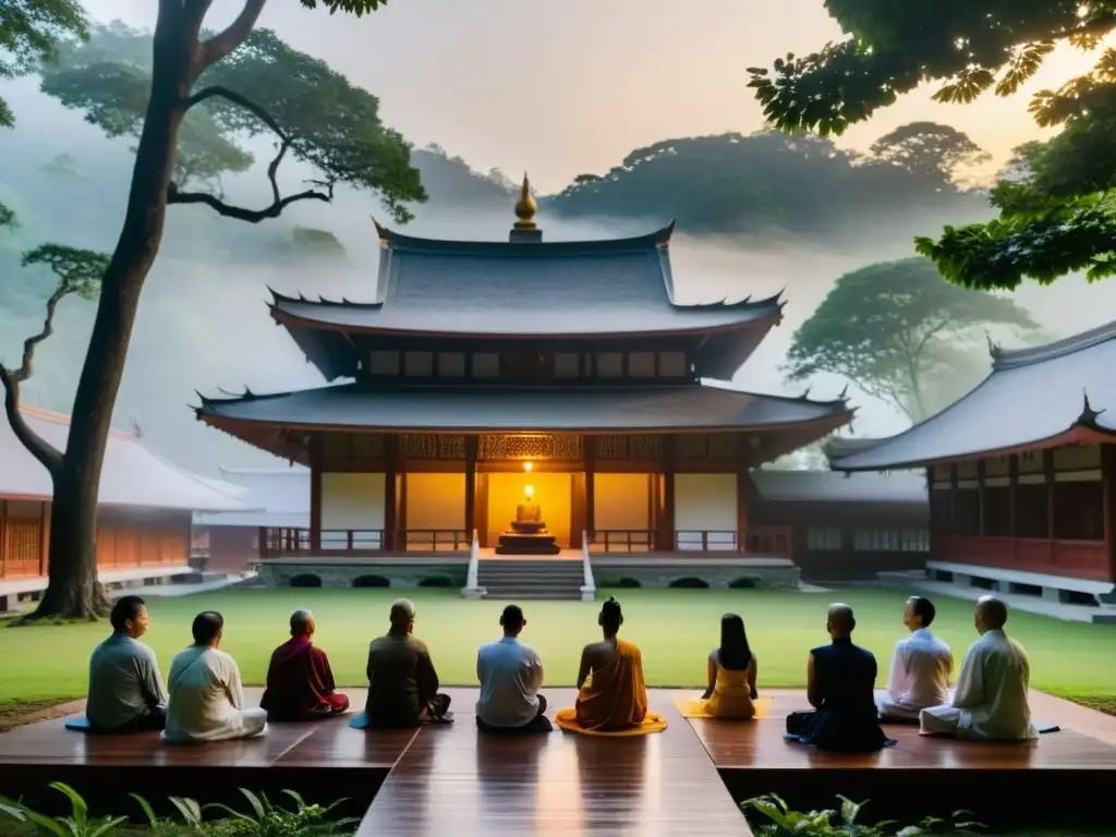 Grupo de practicantes budistas meditando en la serena atmósfera de un templo de madera, capturando el poder del silencio en budismo