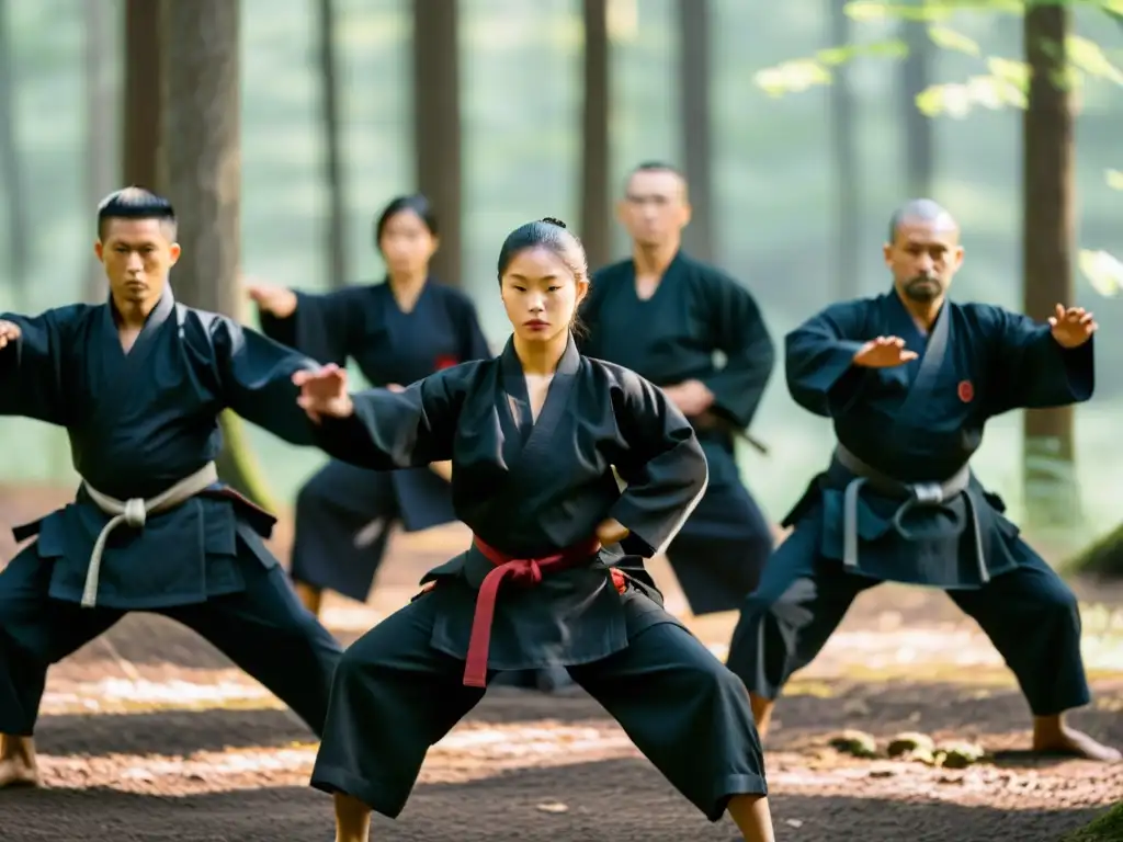 Grupo de practicantes del Bujinkan en gi negro en el bosque al amanecer, demostrando movimientos precisos y concentración intensa