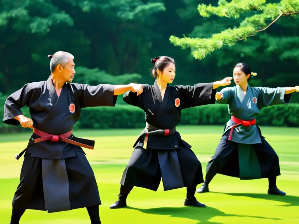 Un grupo de practicantes de Bujinkan, vestidos de negro, realizan técnicas de taijutsu con maestría en un entorno natural sereno