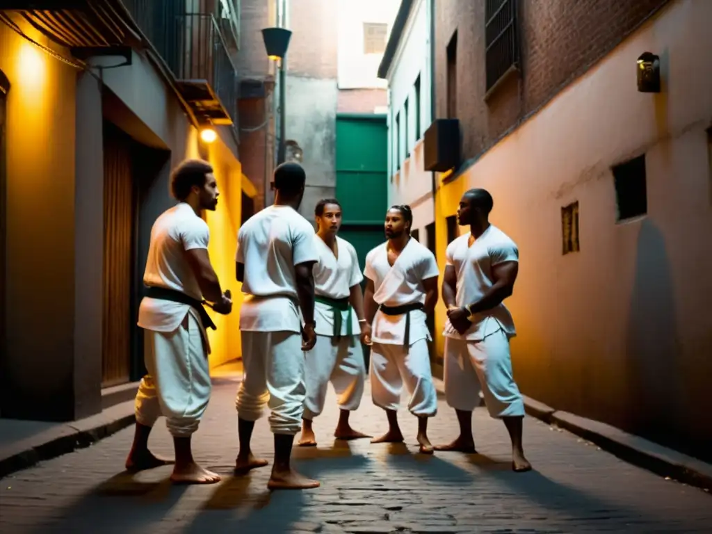 Un grupo de practicantes de capoeira en un callejón urbano, vistiendo ropa blanca, bailando en una roda de capoeira