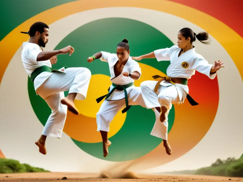 Un grupo de practicantes de capoeira luchando con pasión y gracia en un círculo mientras exponen las raíces africanas de esta danza marcial brasileña